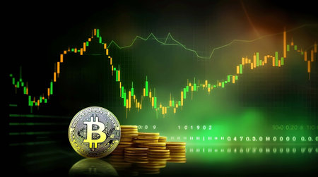 Bitcoin currency going growth with stock market chart on dark background, Generation AI illustrations.の素材