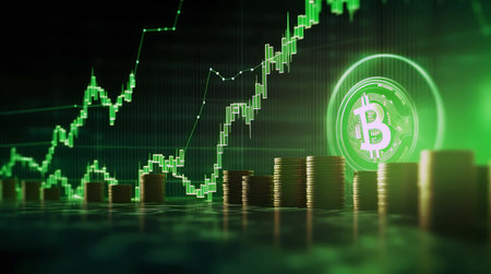 Bitcoin currency going growth with stock market chart background, Generation AI illustrations.の素材