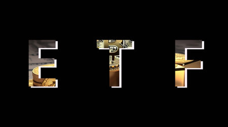 ETF text bitcoin images  base in character on black background, Concept Entering the Digital Money Fund ETF and BTC cryptocurrency concept, Generation AI illustrations.の素材