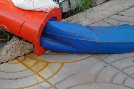 A blue rubber hose and orange iron water pipes on the ground of foot walk.