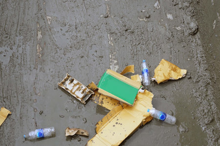 A plastic waste on the floor in the rain in the garbage boat.の写真素材