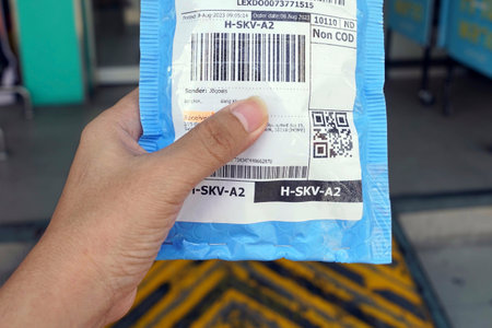 A hand holding a blue parcel  to  provider delivery to shipping.