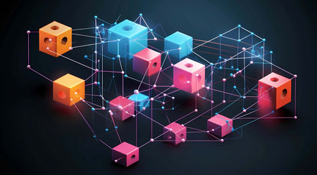 Blockchain technology concept with 3d cubes on dark background, Vector illustration, Generations AI illustrations.の素材