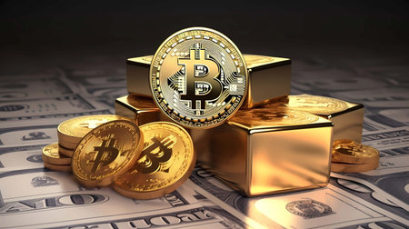 A 3d illustration of bitcoin(BTC) over dollar banknote background with gold coins, Generations AI illustrations.の素材