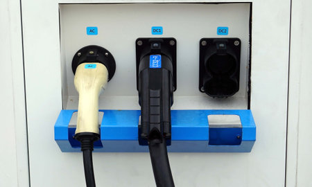 Close up a stay plug socket of a charging station for electric cars.の写真素材