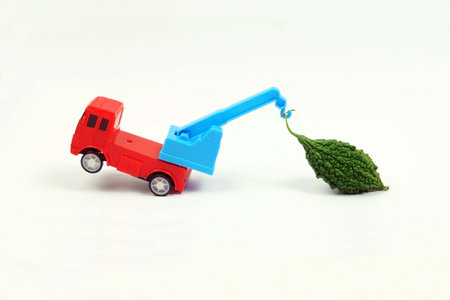 A toy truck was pulling a bitter gourd on a white background, abstract food and health care concept.の写真素材