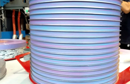 Front veiw a lot of a phonograph disk record stacked preparing after made finished from a machine next process to qc and packaging.の写真素材