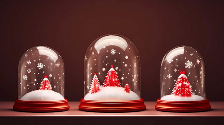 Snow globe with christmas trees on red background 3d illustration for Merry Christmas and Happy New Year, Generative AI illustration.の素材