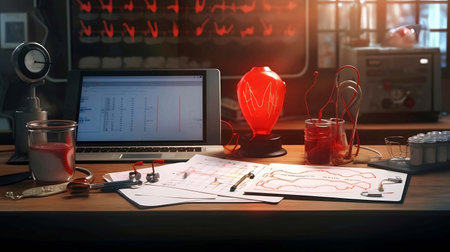 Working place in office with Laptop on the table in the office with a red lamp., Generative AI illustrations.の素材