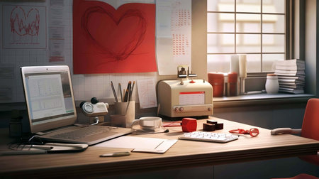 Lab working place in office with computer, coffee cup, notebook and other items, Generative AI illustrations.の素材