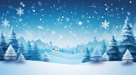 Winter landscape with snowflakes and village. Vector paper art illustration, Generative AI illustrations.の素材