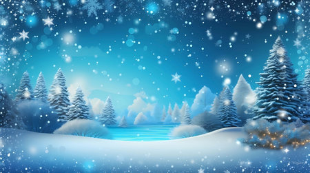 Winter landscape with snowy fir trees and snowflakes. Vector illustration, Generative AI illustrations.の素材