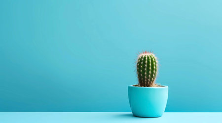 Cactus in a pot on a blue background with copy space,  Generative AI illustrations.の素材