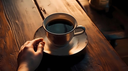 Cup of coffee on a wooden table, Coffee break concept, Generative AI illustrations.の素材
