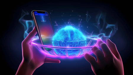 Hands holding smartphone with global network connection concept on dark background 3D rendering, Generative AI illustrations.の素材