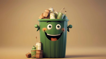 3d illustration of a green trash bin with a smiley face, pollutions and environment concepts.の素材