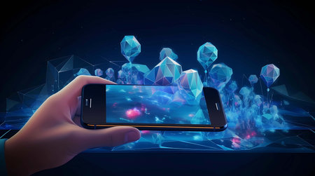 Hand holding mobile phone with abstract polygonal background 3D rendering, Generative AI illustrations.の素材
