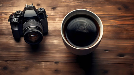 A cup of coffee and a camera on a wooden table, Generative AI illustrations.の素材