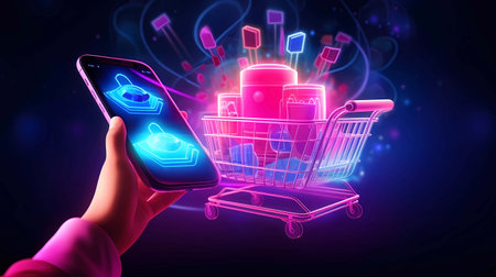 Hand holding smartphone with shopping cart concept on dark background 3D rendering, Generative AI illustrations.の素材