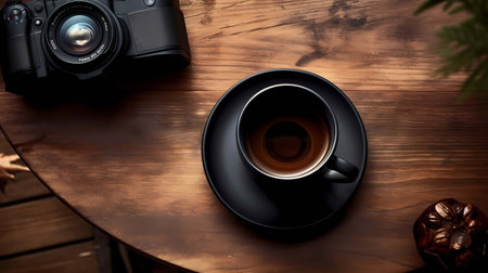 Coffee cup and camera on a wooden table, Generative AI illustrations.の素材