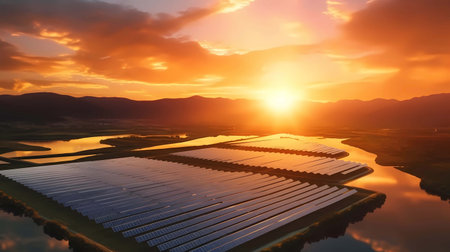 Solar panels in the field with beautiful sunset 3d rendering, Generative AI illustrations.の素材