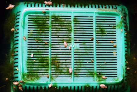 A closeup shot of a green grate with leaves in the backgroundの写真素材