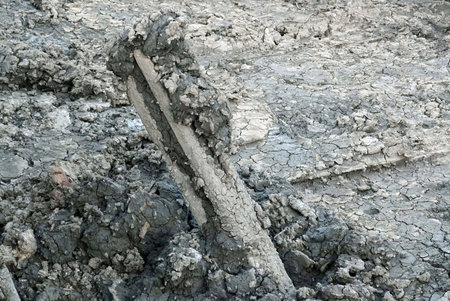 Dry soil in the construction site, close-up of photoの写真素材