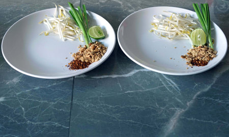Close up of a plate of bean sprouts and limele backgroundの写真素材