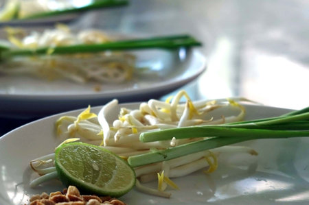 Fried bean sprouts and lime on white plate