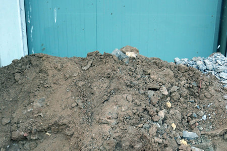 Pile of soil in a construction site, closeup of photoの写真素材