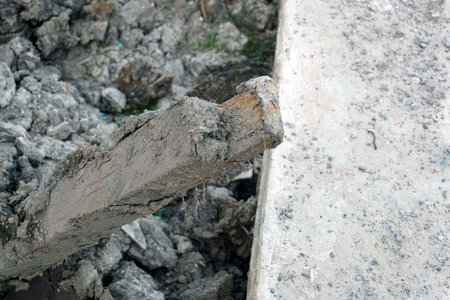 Close-up of a section of the foundation of a new houseの写真素材