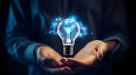 Close up of businesswoman hand holding light bulb in palm with circuit concept, Generative AI illustrations.の素材