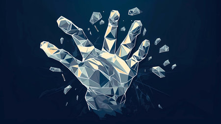Abstract polygonal hand on a dark background, Generative AI illustrations.の素材