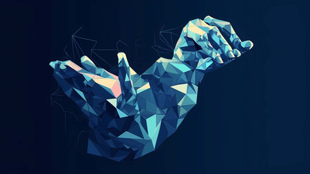 Abstract polygonal hand on dark blue background, Generative AI illustrations.の素材