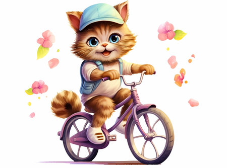 Cute cat riding a bicycle, Cartoon character, Generative AI illustrations.の素材
