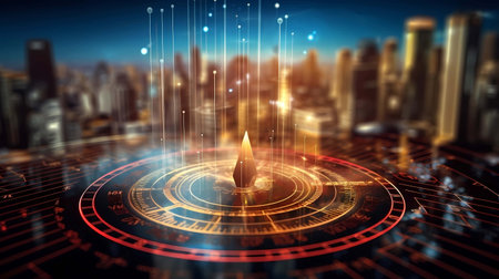 Futuristic technology concept with cityscape on background 3D rendering, Generative AI illustrations.の素材