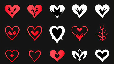 Valentine's day heart icons set on black background, Generative AI illustrations.の素材