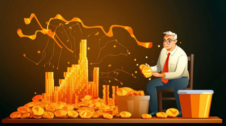 Businessman sitting on a chair with gold coins in his hand, Generative AI illustrationsの素材