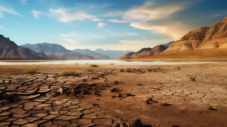 Dry lake and mountains at sunset, Generative AI illustrations.の素材