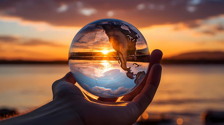 Reflection of a sunset in a glass ball on a background of the sea, Generative AI illustrations.の素材