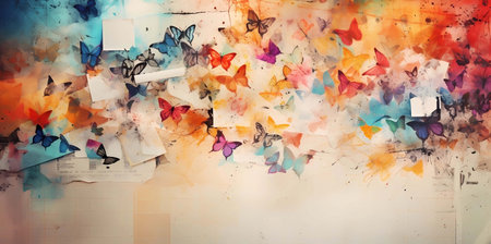 Grunge paper background with colorful butterflies and copy space for text, Generative AI illustrations.の素材