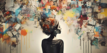 Digital composite of Digital composite image of woman with head full of documents, Generative AI illustrations.の素材