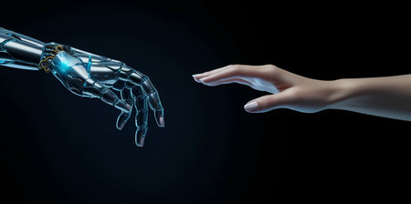 Robot hand reaching out to human hand on dark background 3D rendering, Generative AI illustrations.の素材