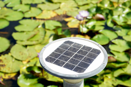 Solar panel with water lily in the pond. Selective focus.