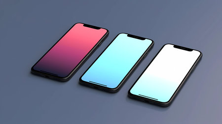 Three smartphones with blank screens on a grey background, Generative AI illustrations.の素材