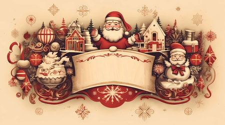 Christmas greeting card with Santa Claus, house, snowflakes and gift boxes, Generative AI illustrations.の素材