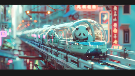 Cute panda in a train at night, Generative AI illustrations.の素材