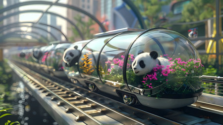Cute panda in a glass vase on the rails, Generative AI illustrations.の素材