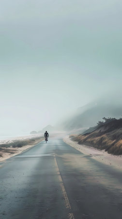 A man walking on the road in a foggy day with a bike, Generative AI illustrations.の素材
