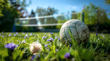 Soccer ball on green grass with blue flowers and net in background, Generative AI illustrations.の素材